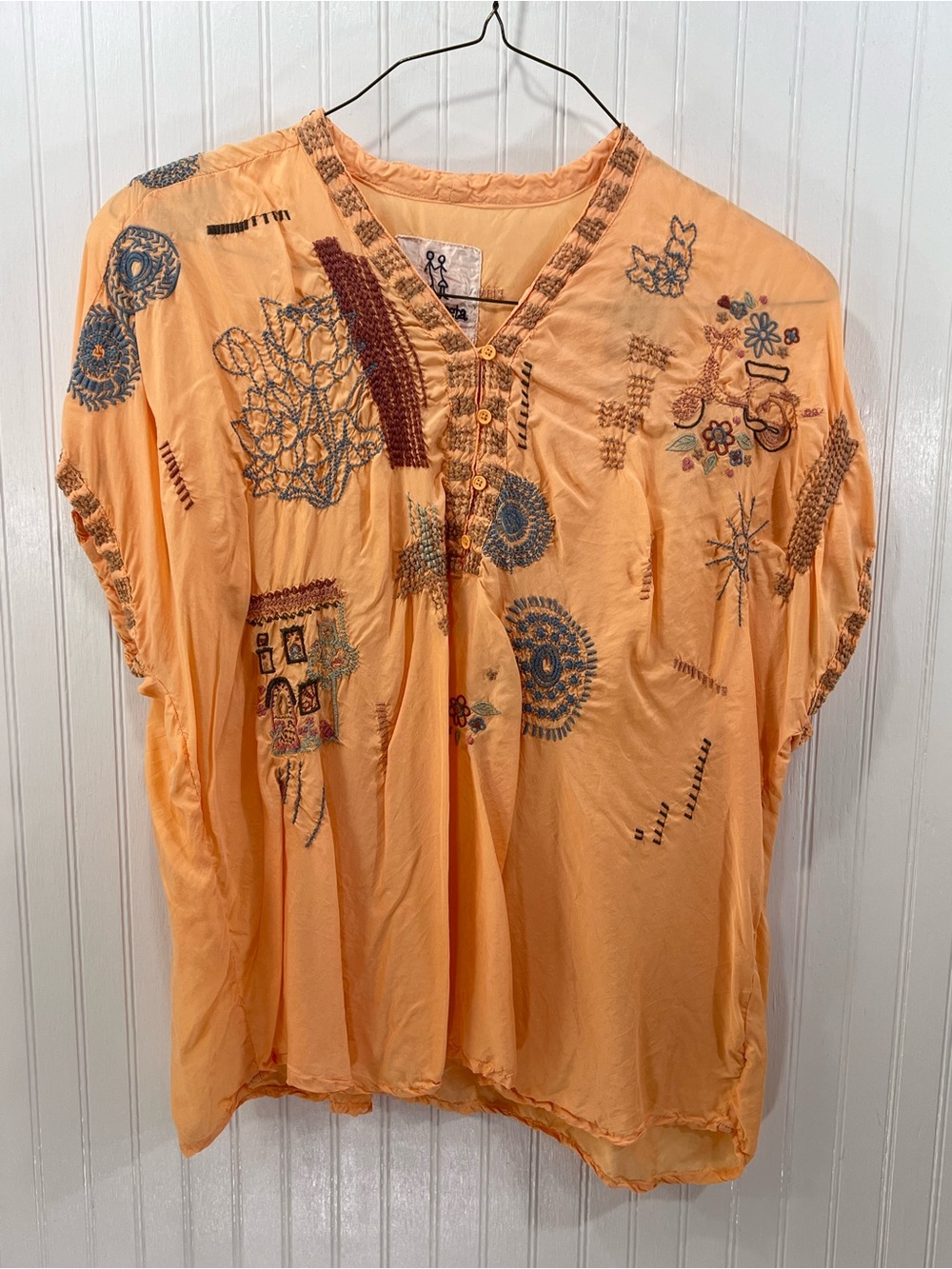 Pete & Greta Johnny Was L Peach Orange Embroidered Short Sleeve Top